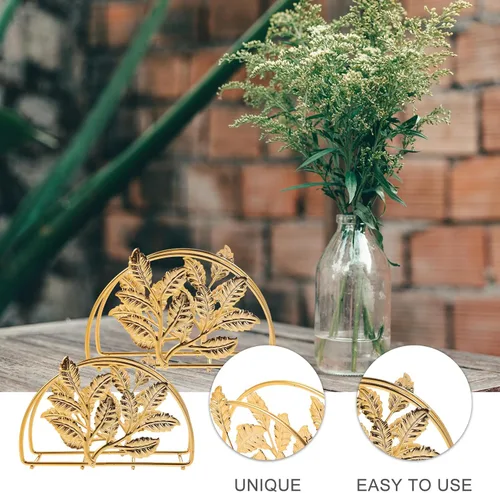 Vista 6 de Golden Iron Napkin Holder with Leaf Design, Large Metal Paper Napkin Stand for Kitchen and Restaurant Table, Rustic Style Bathroom and Dining