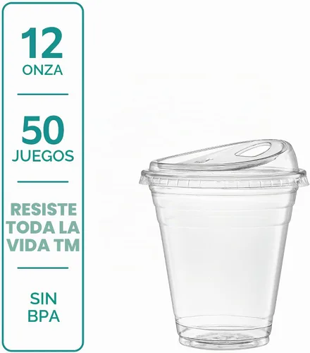 Vista 2 de GUSTO Vasos de plástico transparente con tapas [12 oz - 50 unidades] - Vasos desechables para bebidas de café helado con tapas para sorber sin