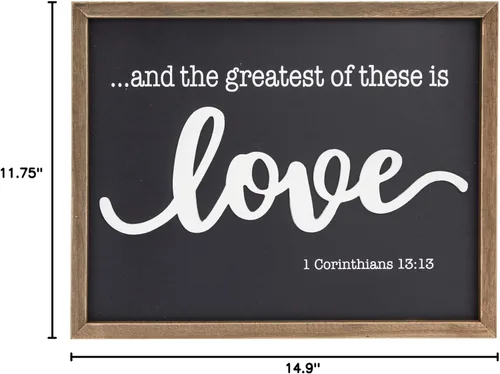 Vista 8 de Decoración de pared religiosa de madera enmarcada estilo granja para baño, arte de pared 1 Corintios 13:13 para sala de estar (11.75 x 15 pulgadas)