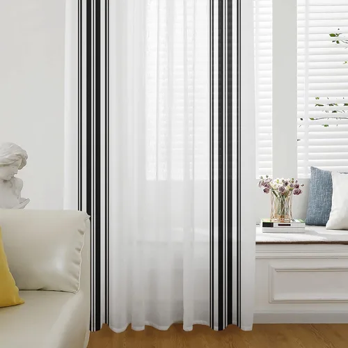 Cortinas semitransparentes a rayas negras y blancas para sala de estar, dormitorio, puertas francesas de 63 pulgadas de largo, cortinas geométricas