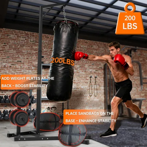 Vista 4 de Soporte para bolsa de boxeo de acero de 1.969 x 1.969 in con base pesada, soporte para saco de boxeo independiente para el hogar y el gimnasio