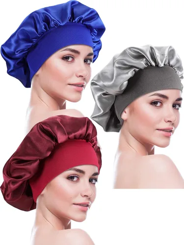 Vista 7 de Blulu 3 gorros grandes de satén de seda, gorro de pelo para dormir, suave y transpirable, para mujeres con cabello rizado (negro, beige, plateado)