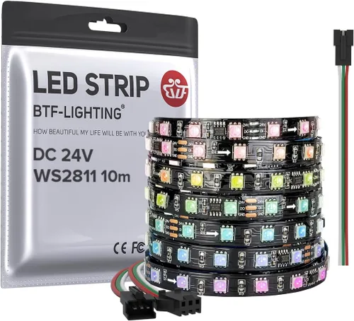 Vista 10 de BTF-LIGHTING -Tira LED WS2811 DC24V 32 pies, direccionable RGB, 600 LEDs, 100 píxeles, PCB blanco Dream Color IP30 no impermeable, funciona
