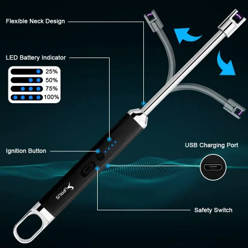 Vista 2 de SUPRUS Encendedor USB recargable de arco eléctrico con interruptor de seguridad, cuello flexible de 360°, parrilla sin llama, encendedores largos