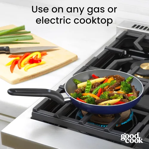 Vista 7 de GoodCook Basics - Sartén de cerámica antiadherente de aluminio para calefacción uniforme, no tóxico, PTFE y PFOA, 8 pulgadas, azul