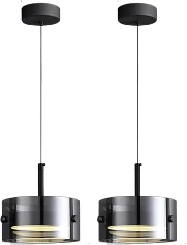 Vista 8 de Modern 2 Pack Cylindrical Pendant Light Fixtures, Nordic 6.3in Smoke Gray Glass Shade Ceiling Hanging Lighting, Dimmable and Adjustable Height