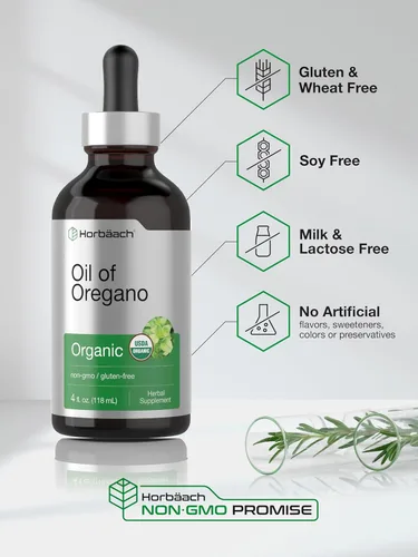 Vista 5 de Horbäach Aceite orgánico de orégano en gotas de 4 onzas líquidas Vegano Sin OMG, sin gluten