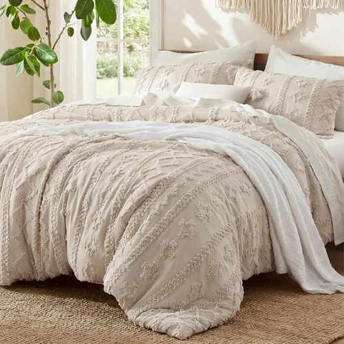 Bedsure Juego de edredón bohemio acolchado, tamaño California King, juego de cama bohemio beige, GentleSoft™ de 3 piezas, ropa de cama bordada 01 -