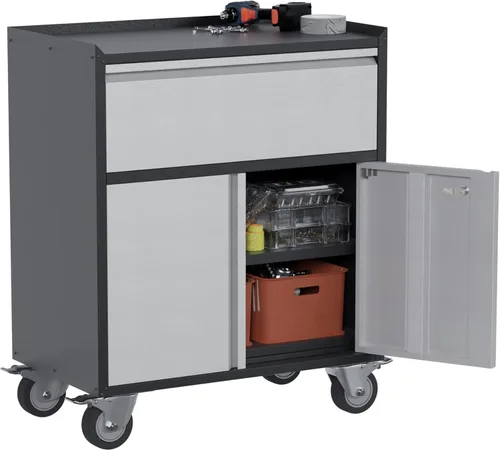 Armario de almacenamiento de herramientas de garaje de metal con 1 cajón, gabinete de almacenamiento de metal industrial de gran espacio con ruedas