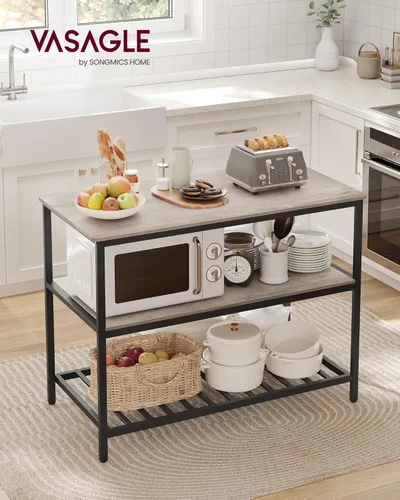 Vista 78 de VASAGLE Isla de cocina con 3 estantes, estante de cocina de 47.2 pulgadas con encimera grande, estructura de acero estable, industrial, fácil