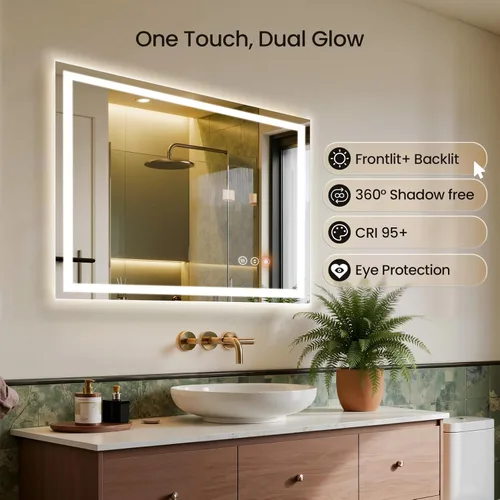 Vista 4 de Espejo de baño LED de 16 x 24 pulgadas con luces, antiniebla, retroiluminado + luz frontal, espejo de tocador de baño iluminado para pared, función