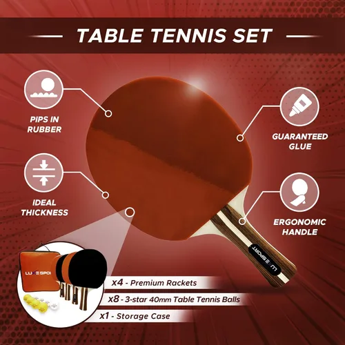 Vista 5 de Ping Pong - Juego de 4 raquetas de tenis de mesa / palas de 8 bolas de tres estrellas con funda de transporte portátil para viajes - Rec o Pro Play