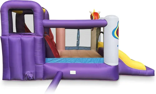 Vista 4 de Cloud 9 Casa inflable de unicornio con soplador, gorila para niños con dos toboganes y gran área de salto