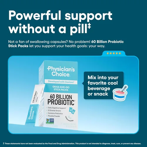 Vista 2 de Physician's Choice Paquetes de probióticos en barra de 60 mil millones de UFC, 10 cepas + prebióticos, salud inmunológica, digestiva e intestinal
