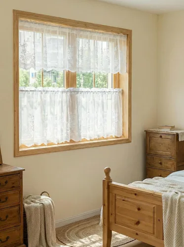 Vista 4 de Molaxhome Cenefas de encaje blanco para ventanas de 51 x 16 pulgadas, cortina semitransparente bordada floral de encaje para cocina, cafetería