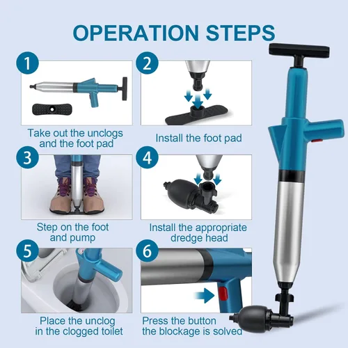 Vista 6 de Émbolo de inodoro, removedor de obstrucciones de inodoro de acero inoxidable, pistola de drenaje de alta presión, removedor de obstrucciones