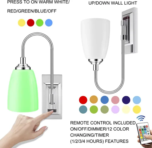 Vista 4 de HONWELL Lámpara de pared LED que funciona con pilas, para interiores, inalámbrica, 2 unidades, 2 unidades, control remoto, multicolor, aplique