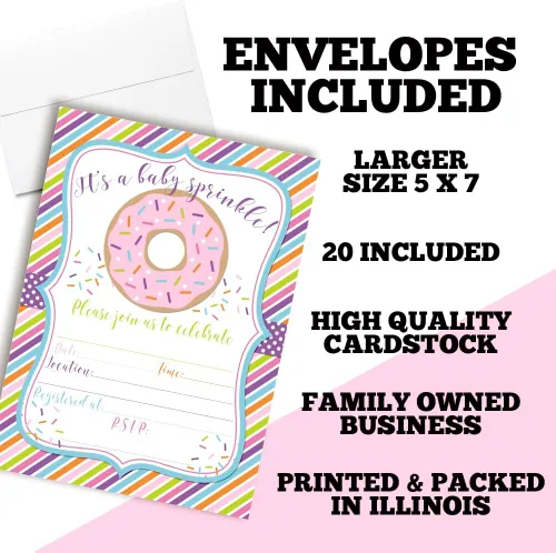 Vista 2 de AmandaCreation - Invitaciones temáticas de donas para baby shower, 20 tarjetas de relleno de 5 x 7 pulgadas con veinte sobres blancos