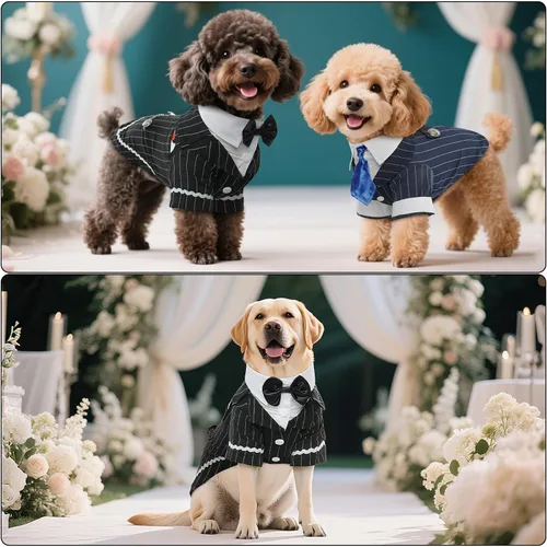 Vista 3 de Dog Tuxedo Suit with Bow Tie, Formal Stripe Wedding Outfit Negro