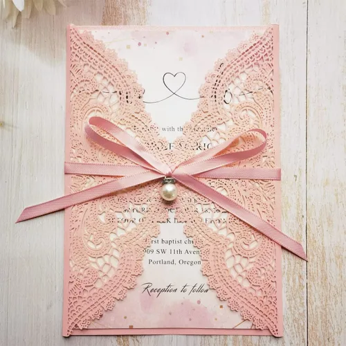 Vista 8 de 50 tarjetas de invitaciones de boda de encaje rosa con cintas y sobres para boda, despedida de soltera, compromiso, invitaciones de cumpleaños