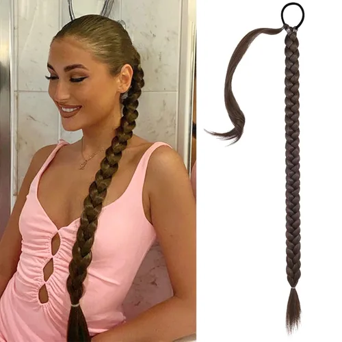 Vista 23 de SEIKEA Extensión de cola de caballo de trenza larga mejorada con lazo elástico, lacio, elegante extensiones de cabello trenzado envolvente