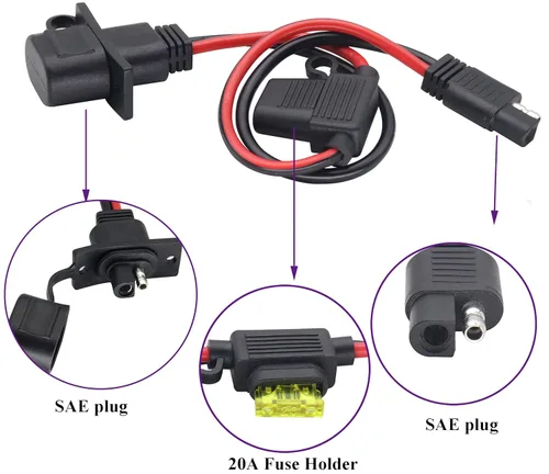 Vista 4 de Cable adaptador de puerto lateral de salida de corriente SAE de 12 AWG con fusible de 20 A, SAE resistente a la intemperie, cable conector