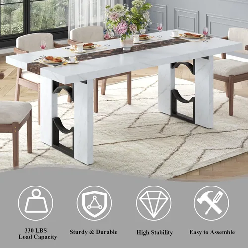 Vista 4 de Loomie Mesa de comedor de 71 pulgadas para 6-8 personas, mesa de cocina rectangular grande con mesa de color mármol, mesa de comedor lujosa de 6