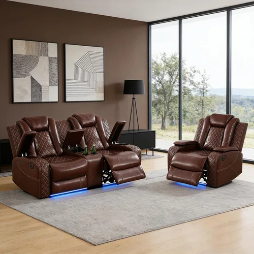Vista 29 de Juego de sofá reclinable eléctrico para sala de estar, juego de sofá reclinable de pana con luces LED, puertos USB, almacenamiento oculto, juego