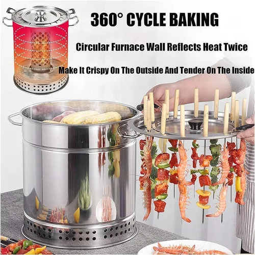 Vista 2 de HM&DX Parrilla de barbacoa de barril de carbón, estufa colgante para barbacoa, parrilla de barbacoa de acero inoxidable Barril de malla con pinchos