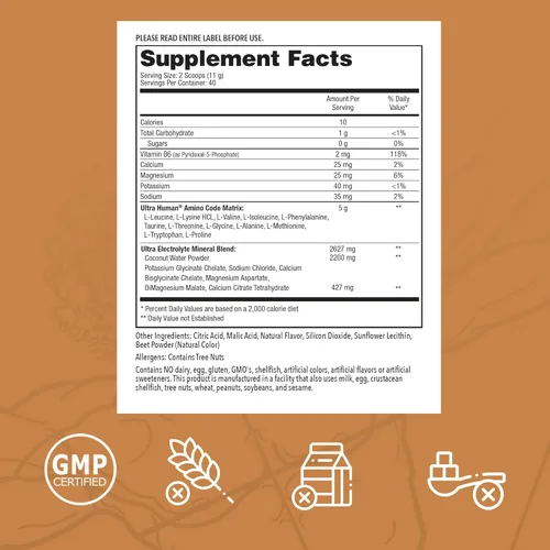 Vista 2 de Ultra Human Amino Code Aminoácidos esenciales + BCAA + electrolitos de agua de coco Bebida energética de aminoácidos de recuperación