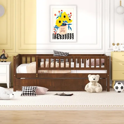 Vista 3 de Harper & Bright Designs Sofá cama individual con nido, marco de cama infantil de madera tamaño individual con valla, cama nido individual