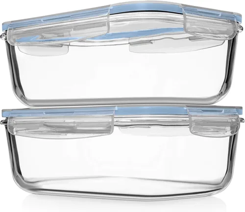 Vista 11 de 8 tazas/63 onzas, 4 piezas (2 recipientes + 2 tapas), recipientes grandes de vidrio para almacenamiento de alimentos y hornear con tapas de bloqueo.