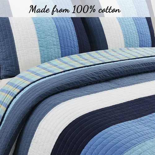 Vista 2 de Cozy Line Home Fashions Juego de ropa de cama acolchada reversible para niño de 100% algodón a rayas azul marino, colcha cubrecama para todas