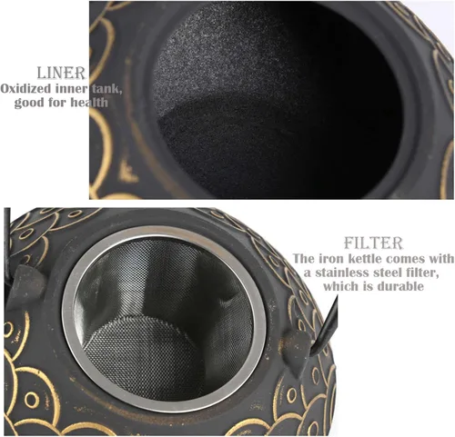 Vista 5 de Tetera japonesa de hierro fundido con infusor, hervidor de té de hierro fundido para estufa, tetera de té de pescado con infusor de acero