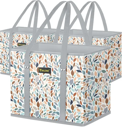 Vista 29 de BALEINE Paquete de 3 bolsas reutilizables para comestibles, bolsas de compras plegables para comestibles con parte inferior reforzada y asas