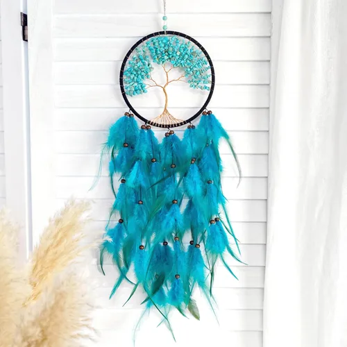 Vista 6 de Atrapasueños, Atrapasueños Árbol de la Vida Decoración de Pared, con Piedra de Cristal Curativo Natural, Atrapasueños Perfecto Turquesa Hecho a Mano