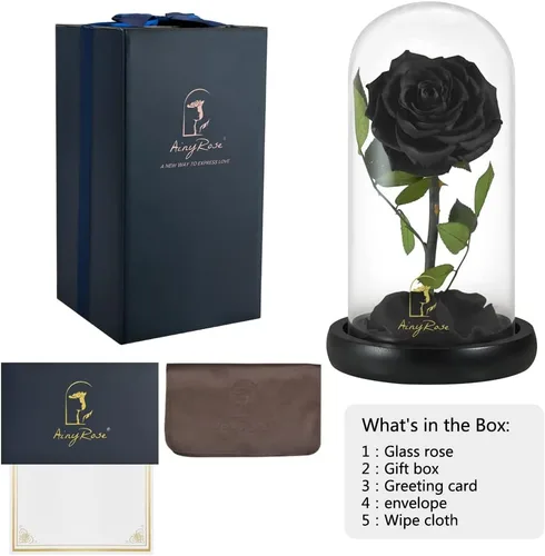 Vista 7 de SW Rosa Negra Eternamente Preservada y Real para Regalo de Cumpleaños para Mamá y Mujeres, Flor Eterna de San Valentín en Regalos de Vidrio