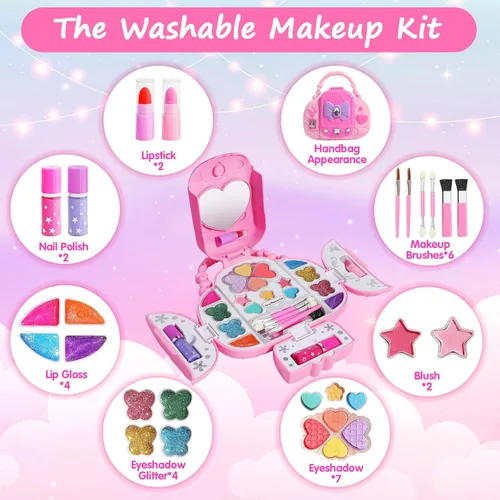 Vista 2 de Topsolid Kit de Maquillaje Infantil con Espejo - Juego de Maquillaje Lavable Real para Niñas de 5-8, Set de Cosméticos de Princesa, Regalos