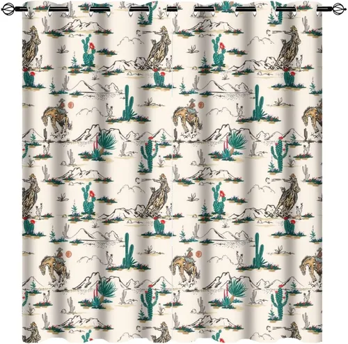 Vista 42 de Cortinas opacas retro de vaquero occidental para dormitorio, estilo rústico, cactus, salvaje oeste, vaquero, paseo, caballo, con ojales, aislamiento