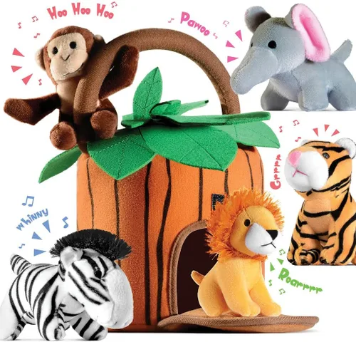 Play22 6-Piece Plush Talking Jungle Animals Set with Carrier for Kids, Babies & Toddlers - Elephant, Tiger, Lion, Zebra, Monkey