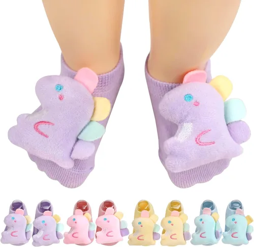 Paquete de 4 calcetines para bebé, con agarre antideslizante de dinosaurio, corte bajo, calcetines locos para niños pequeños
