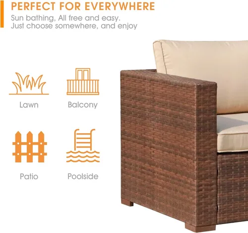 Vista 7 de Patiorama Sofá biplaza de mimbre para exteriores, 2 piezas, juego de sofá modular de ratán de polietileno marrón para todo tipo de clima, sillas