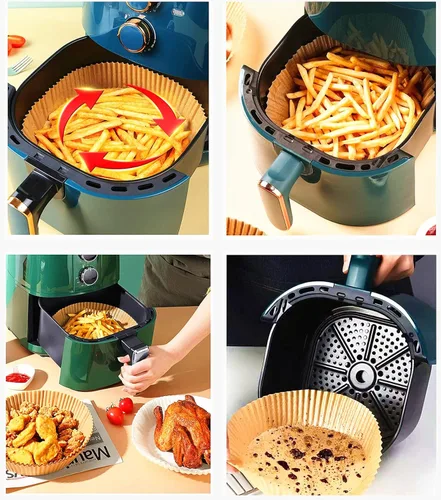 Vista 4 de Forro de papel pergamino para freidora de aire, forros desechables antiadherentes, para hornear a prueba de aceite, impermeable, pergamino de grado