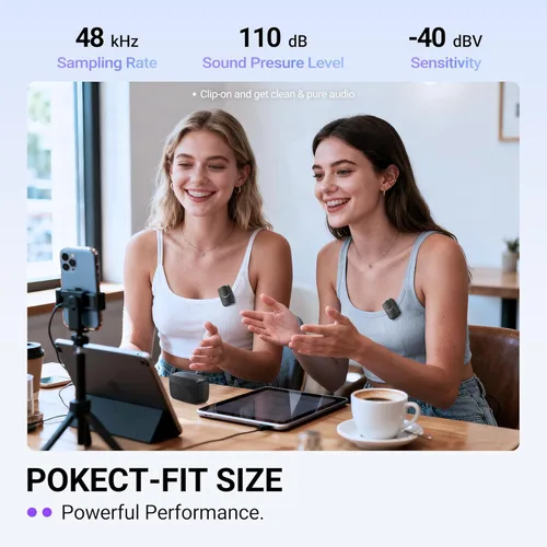 Vista 2 de FIFINE Micrófono Lavalier Inalámbrico para iPhone/Android/Cámara, Sistema de Micrófono de Solapa Inalámbrico de 2 Unidades para Grabación de Vlog