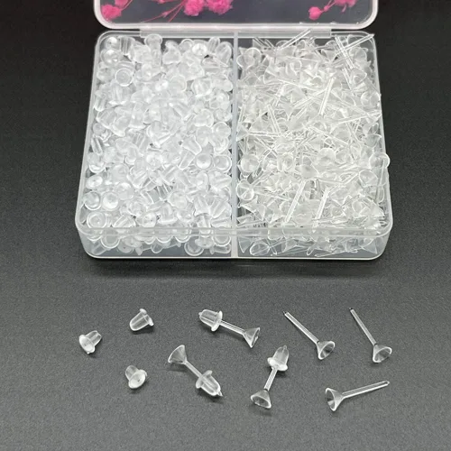 Vista 5 de Aretes de silicona transparente para deportes, 300 pares de aretes de plástico transparente y parte trasera de aretes, cabeza de copa de 0.197 in