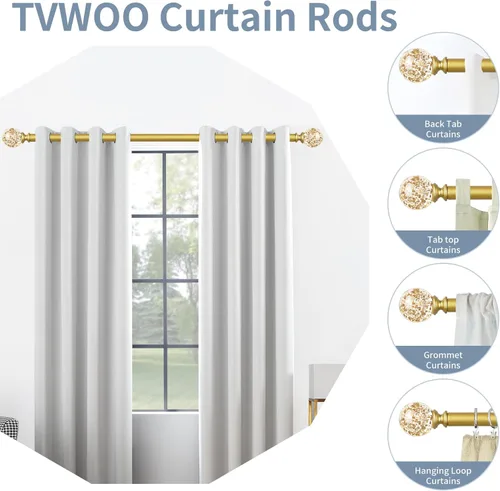 Vista 2 de TVWOO Barras de cortina de cristal decorativas doradas: Barras de cortina ajustables de 18-45 pulgadas de alta resistencia para ventanas