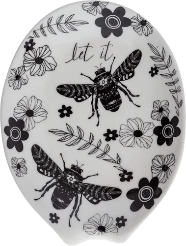 Karma, Soporte de cuchara bohemio, soporte de cuchara de cerámica blanco y negro, soporte de cuchara de cerámica para encimera, abeja