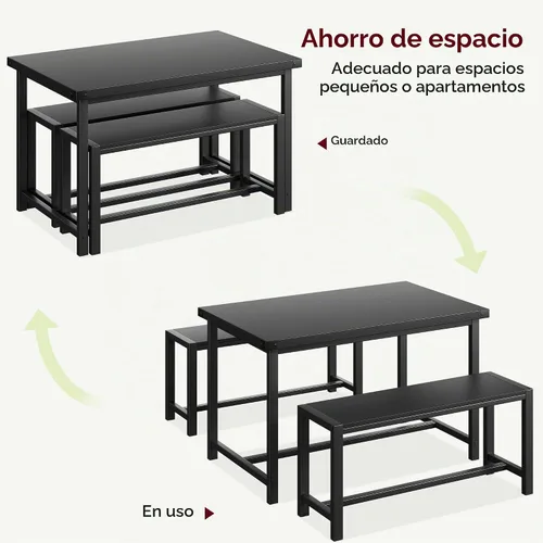 Vista 7 de Juego de mesa de comedor para 4 personas con 2 bancos, juego de mesa de cocina de 3 piezas, juego de comedor que ahorra espacio para cocina Negro