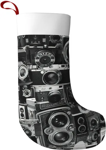 Retro Cool Camera Collection Print Christmas Stocking, 18 Inch Hanging Stockings For Fireplace, Family Holiday Xmas Party Decor