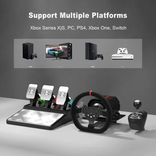 Vista 2 de Force Feedback Steering Wheel, PXN V10 Real Force Feedback Driving Wheel with 6+1 Speed Shifter and Adjustable Magnetic Pedals, Stainless Steel